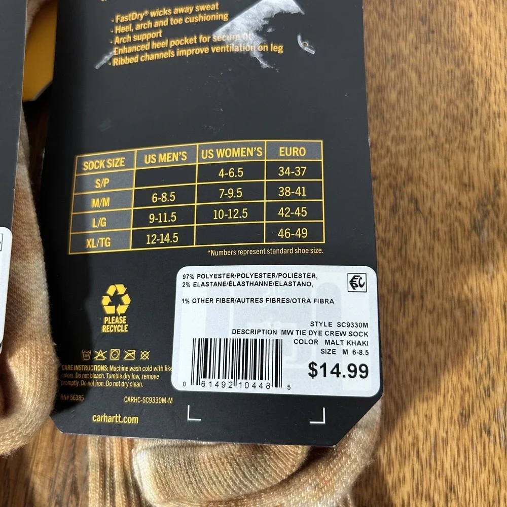 Carhartt Mens Size M (6-8.5) Beige Classic Midweight Tie Dye Crew Socks 2 Pack